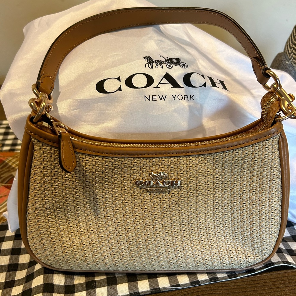 COACH Teri 2way Shoulder Bag Crossbody Straw/Leather Latte CR350